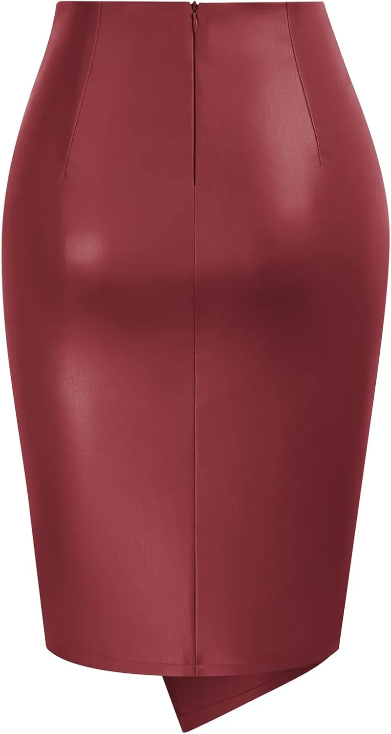 Kate Kasin Women's Faux Leather High Waist Wrap Knit Bodycon Midi Skirt for Business Casual Pencil Skirt