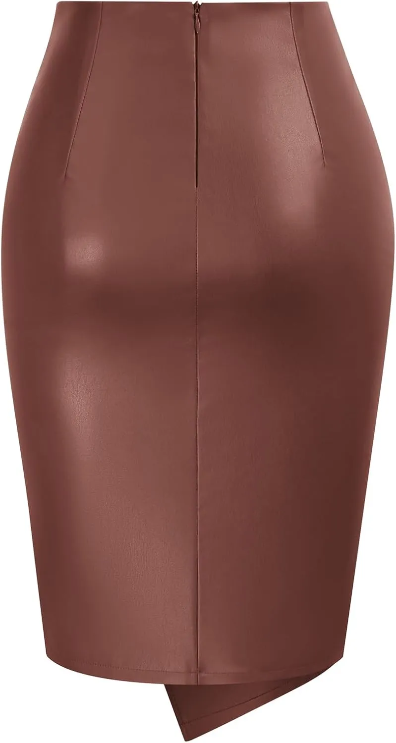 Kate Kasin Women's Faux Leather High Waist Wrap Knit Bodycon Midi Skirt for Business Casual Pencil Skirt