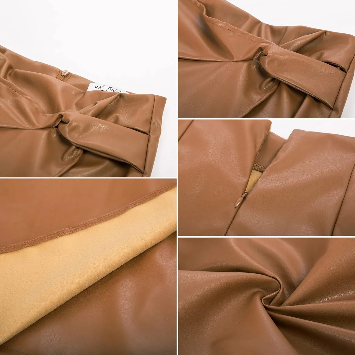 Kate Kasin Women's Faux Leather High Waist Wrap Knit Bodycon Midi Skirt for Business Casual Pencil Skirt