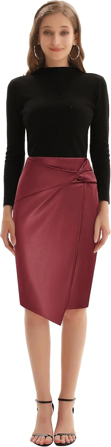 Kate Kasin Women's Faux Leather High Waist Wrap Knit Bodycon Midi Skirt for Business Casual Pencil Skirt