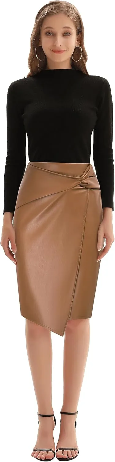 Kate Kasin Women's Faux Leather High Waist Wrap Knit Bodycon Midi Skirt for Business Casual Pencil Skirt