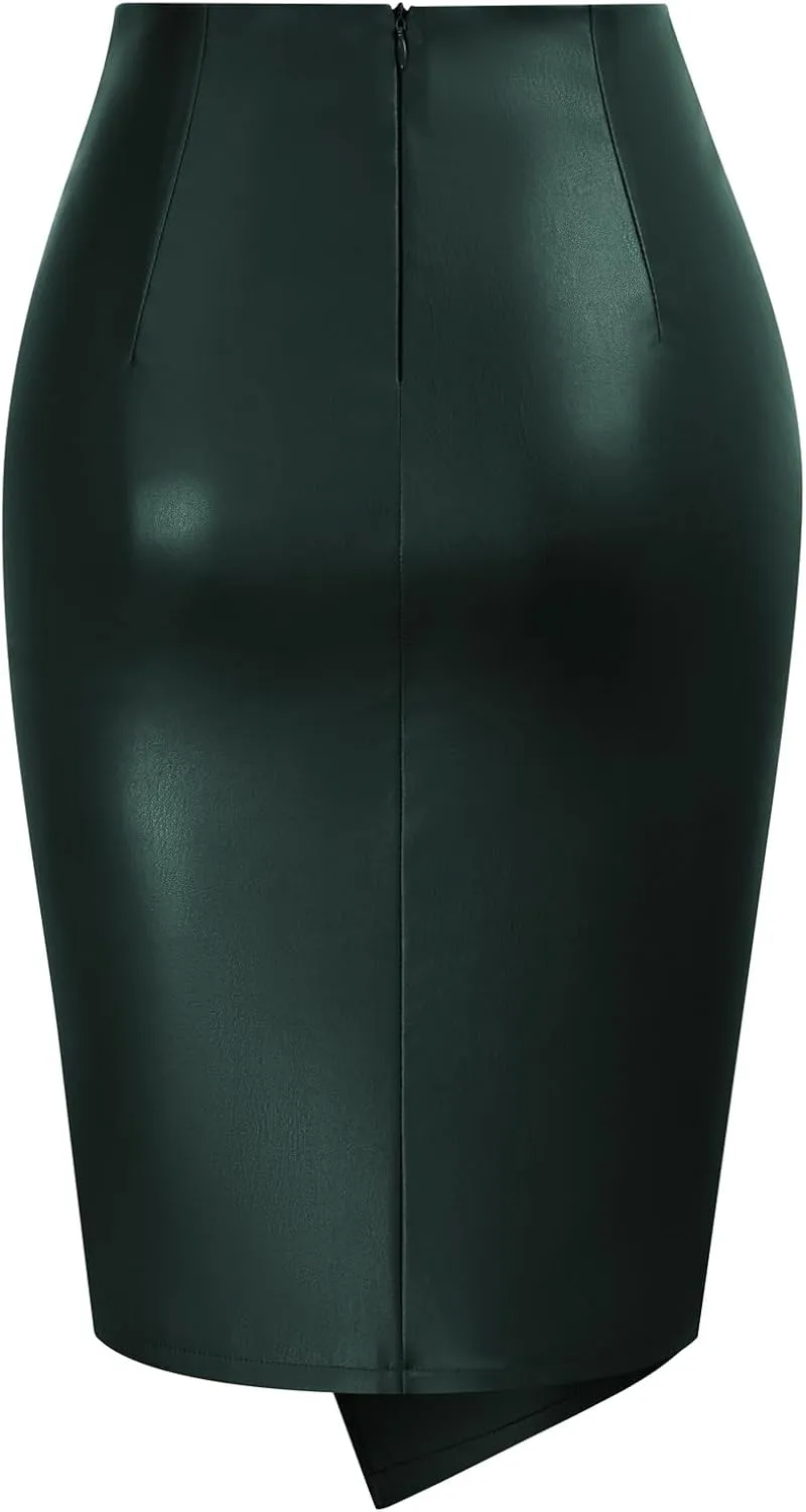 Kate Kasin Women's Faux Leather High Waist Wrap Knit Bodycon Midi Skirt for Business Casual Pencil Skirt
