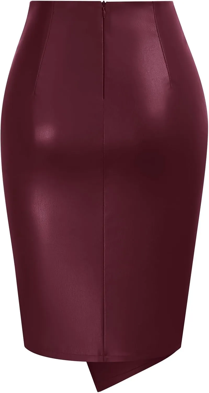 Kate Kasin Women's Faux Leather High Waist Wrap Knit Bodycon Midi Skirt for Business Casual Pencil Skirt