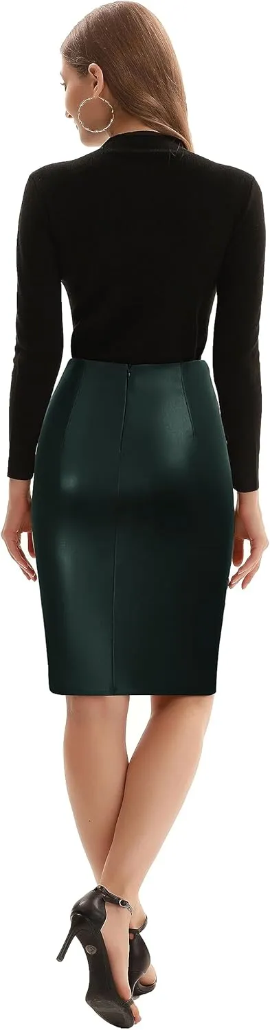 Kate Kasin Women's Faux Leather High Waist Wrap Knit Bodycon Midi Skirt for Business Casual Pencil Skirt