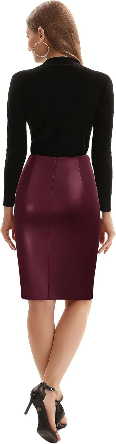 Kate Kasin Women's Faux Leather High Waist Wrap Knit Bodycon Midi Skirt for Business Casual Pencil Skirt