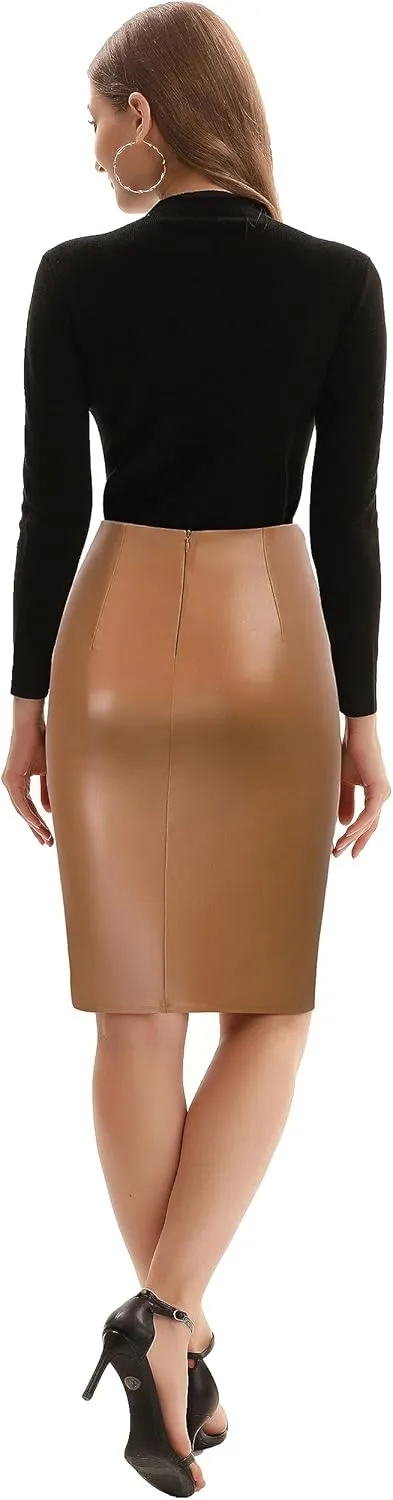 Kate Kasin Women's Faux Leather High Waist Wrap Knit Bodycon Midi Skirt for Business Casual Pencil Skirt