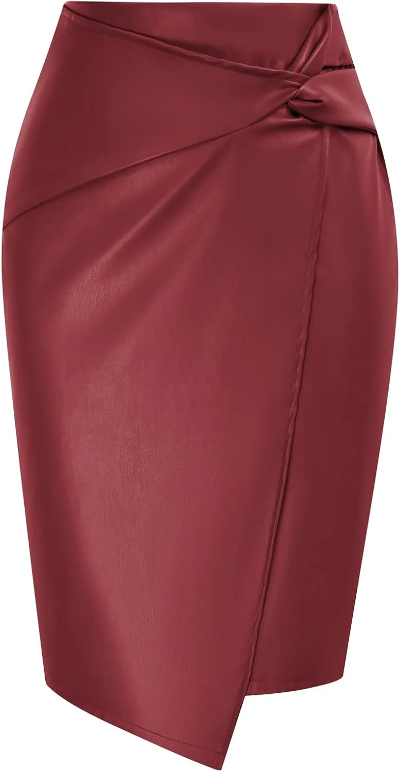 Kate Kasin Women's Faux Leather High Waist Wrap Knit Bodycon Midi Skirt for Business Casual Pencil Skirt