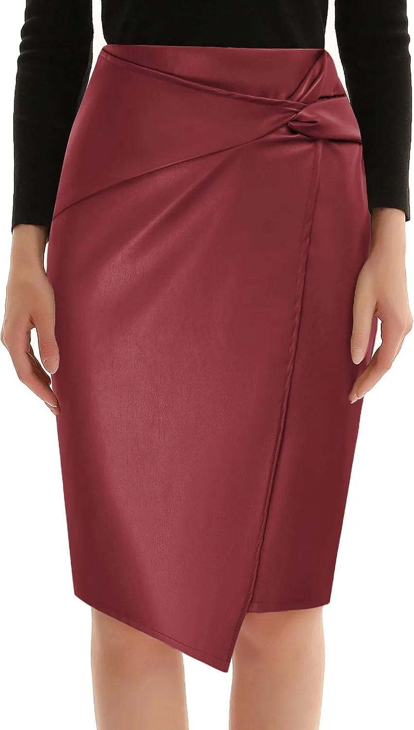 Kate Kasin Women's Faux Leather High Waist Wrap Knit Bodycon Midi Skirt for Business Casual Pencil Skirt