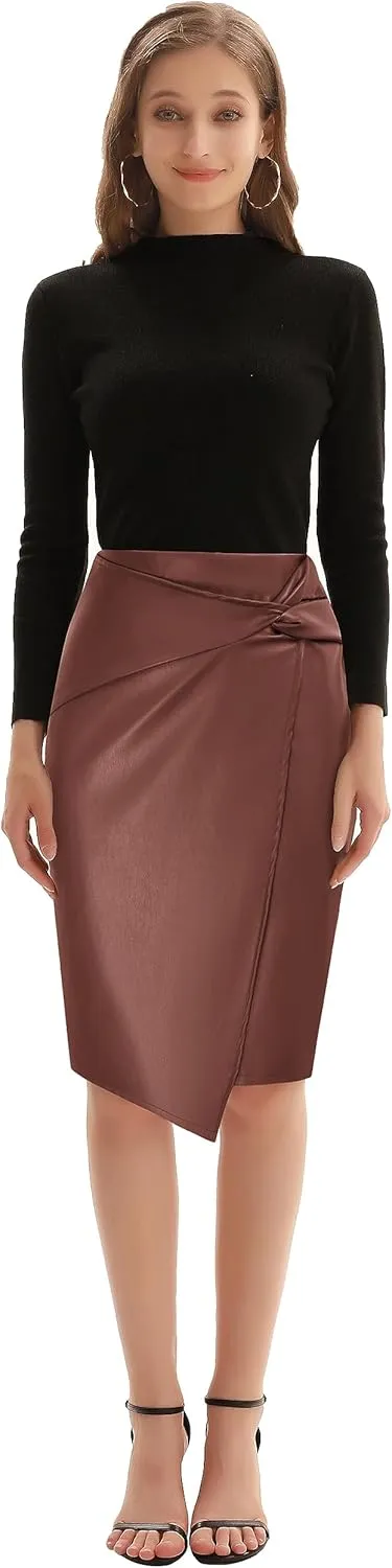 Kate Kasin Women's Faux Leather High Waist Wrap Knit Bodycon Midi Skirt for Business Casual Pencil Skirt