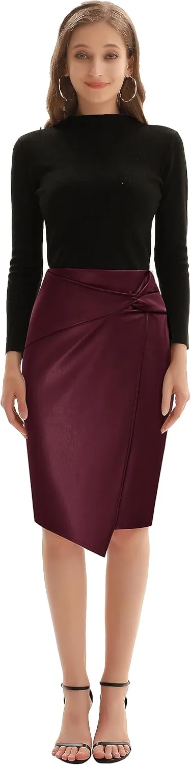 Kate Kasin Women's Faux Leather High Waist Wrap Knit Bodycon Midi Skirt for Business Casual Pencil Skirt