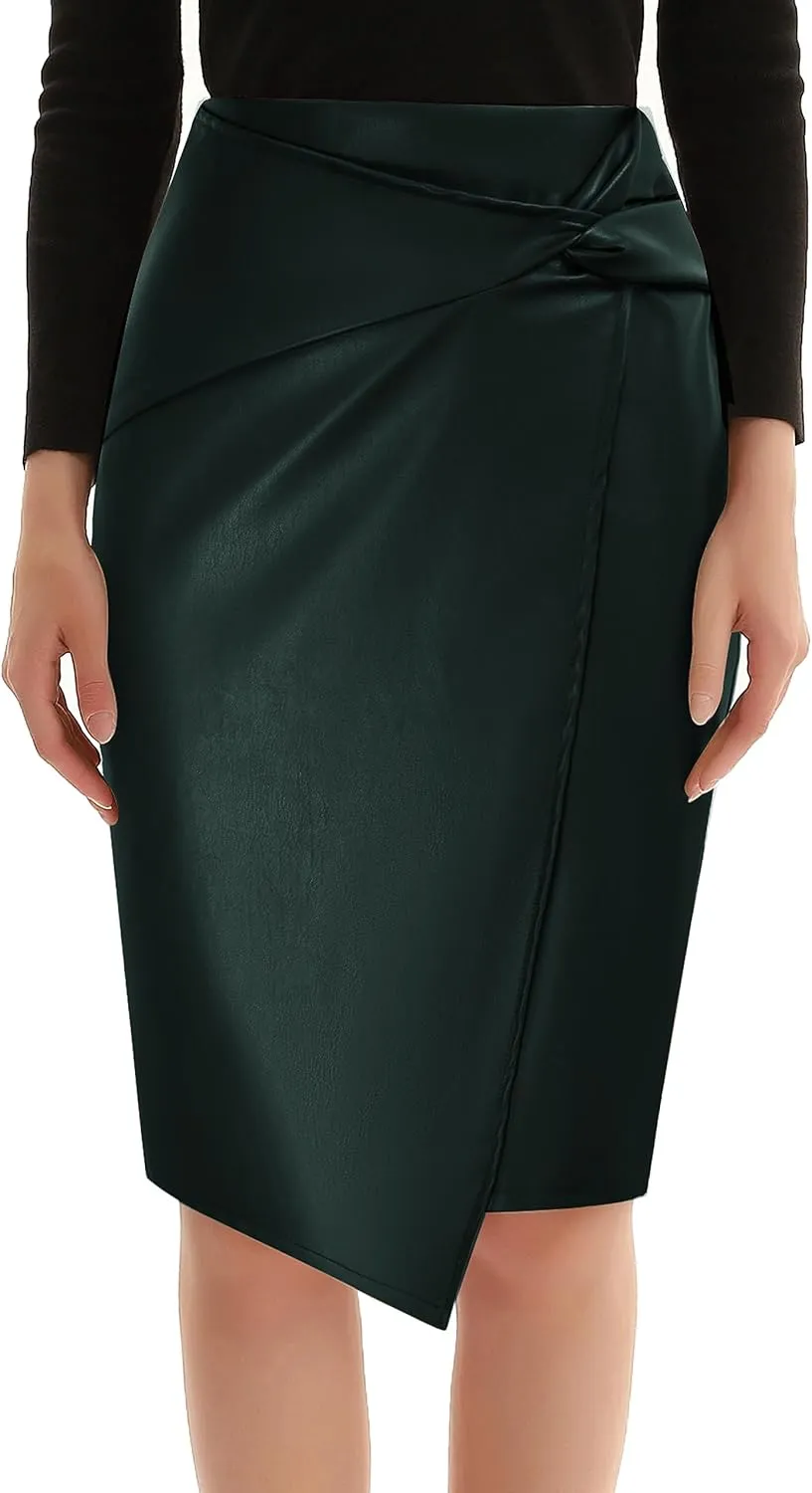 Kate Kasin Women's Faux Leather High Waist Wrap Knit Bodycon Midi Skirt for Business Casual Pencil Skirt