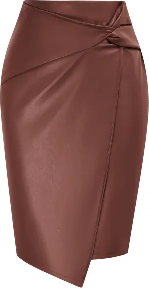 Kate Kasin Women's Faux Leather High Waist Wrap Knit Bodycon Midi Skirt for Business Casual Pencil Skirt