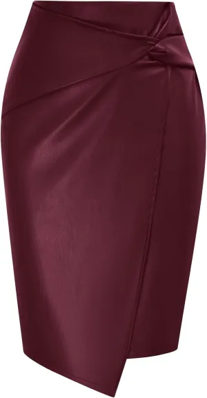 Kate Kasin Women's Faux Leather High Waist Wrap Knit Bodycon Midi Skirt for Business Casual Pencil Skirt