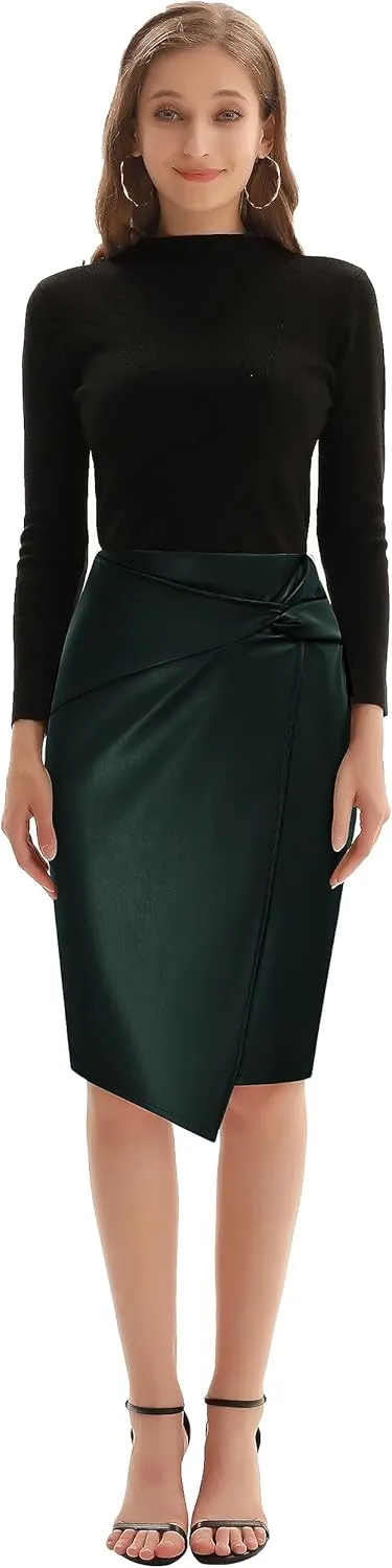 Kate Kasin Women's Faux Leather High Waist Wrap Knit Bodycon Midi Skirt for Business Casual Pencil Skirt