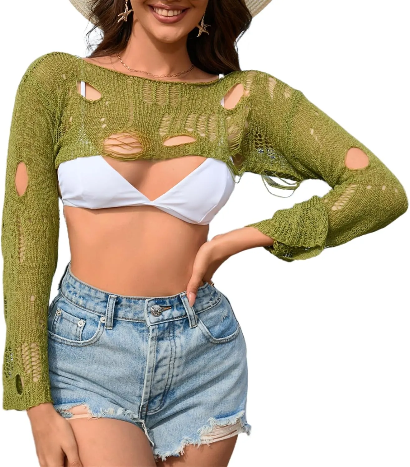 KEOMUD Women Crochet Y2K Crop Top Long Sleeve Hollow Out Cropped Knit Sweater Bikini Beach See Through Cover Ups