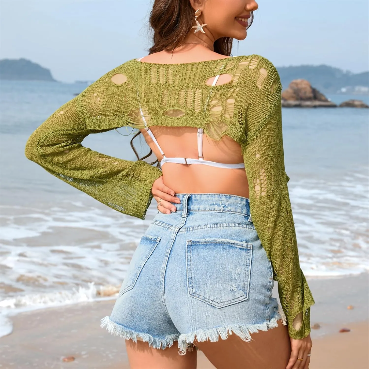 KEOMUD Women Crochet Y2K Crop Top Long Sleeve Hollow Out Cropped Knit Sweater Bikini Beach See Through Cover Ups
