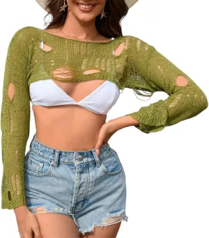 KEOMUD Women Crochet Y2K Crop Top Long Sleeve Hollow Out Cropped Knit Sweater Bikini Beach See Through Cover Ups