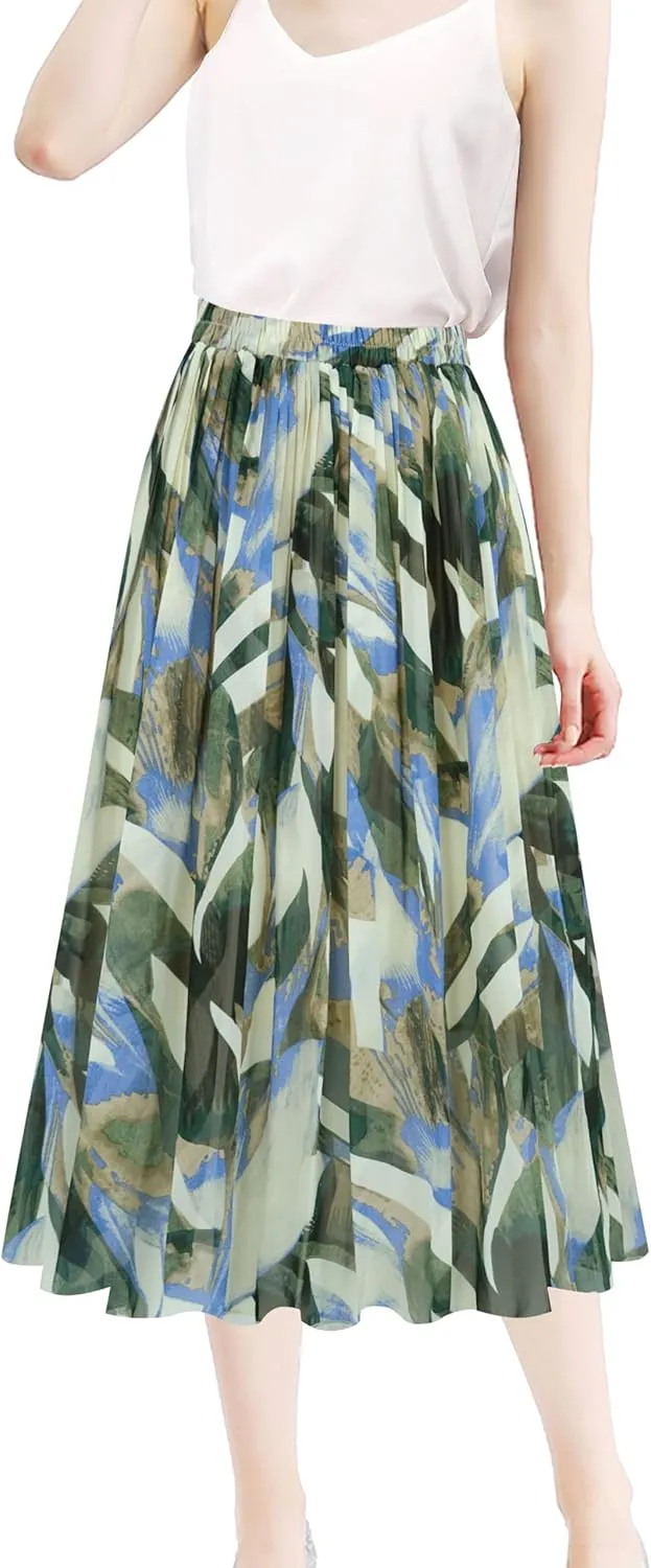 Kingfancy Women's Pleated Skirt Chiffon Elastic Waist A-Line Midi Length Skirt
