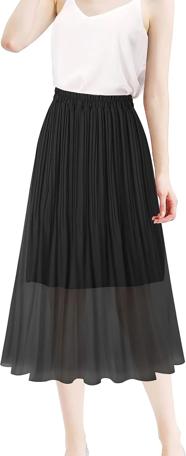 Kingfancy Women's Pleated Skirt Chiffon Elastic Waist A-Line Midi Length Skirt