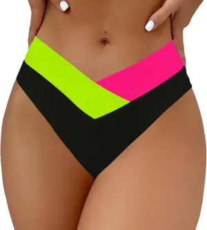 Leoparts Women's V Cut High Waisted Bikini Bottom Ribbed High Cut Cheeky Swimsuit Bathing Suit Bottoms