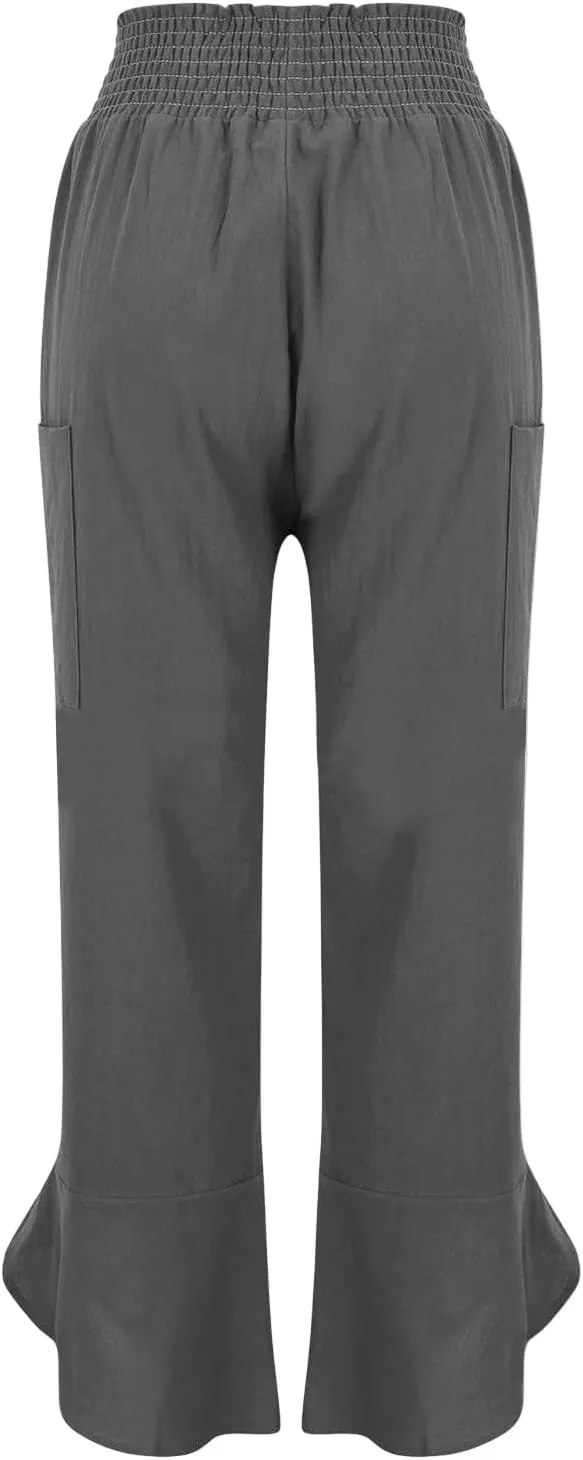 Linen Capri Pants for Women Casual Summer Elastic Waist Cropped Pants Loose Ankle Length Palazzo Trousers with Pockets