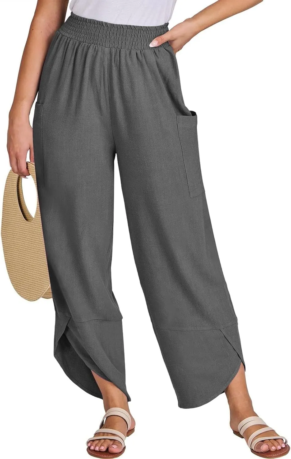 Linen Capri Pants for Women Casual Summer Elastic Waist Cropped Pants Loose Ankle Length Palazzo Trousers with Pockets