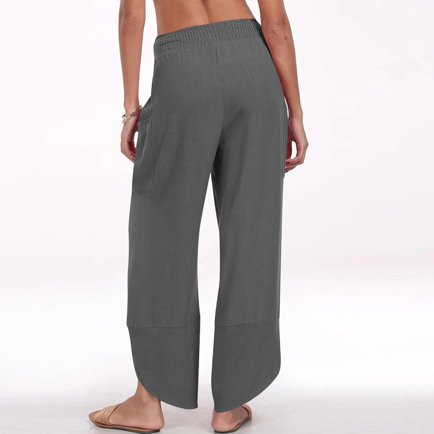 Linen Capri Pants for Women Casual Summer Elastic Waist Cropped Pants Loose Ankle Length Palazzo Trousers with Pockets