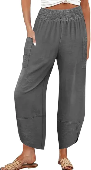 Linen Capri Pants for Women Casual Summer Elastic Waist Cropped Pants Loose Ankle Length Palazzo Trousers with Pockets