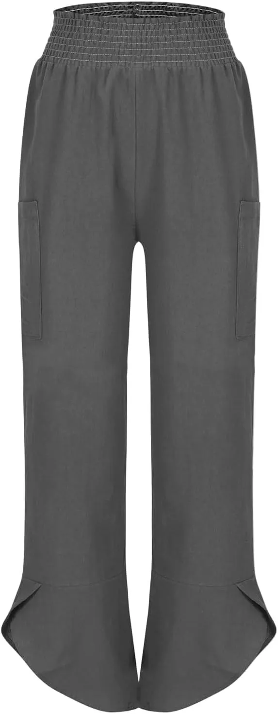 Linen Capri Pants for Women Casual Summer Elastic Waist Cropped Pants Loose Ankle Length Palazzo Trousers with Pockets