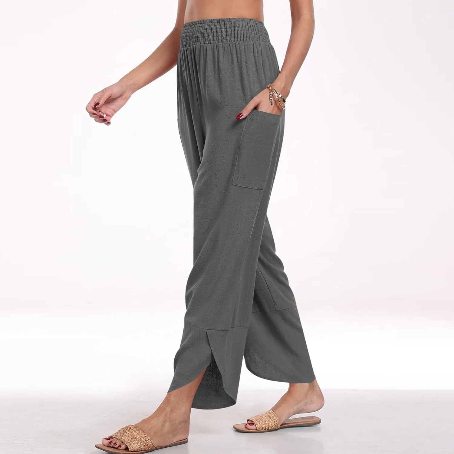 Linen Capri Pants for Women Casual Summer Elastic Waist Cropped Pants Loose Ankle Length Palazzo Trousers with Pockets