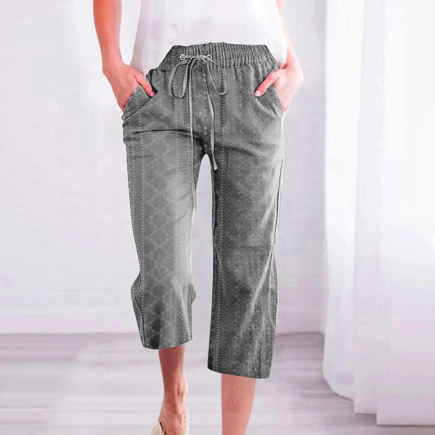 Linen Capri Pants for Women Summer Elastic Waist Casual Straight Leg Drawstring Beach Cropped Trousers with Pockets