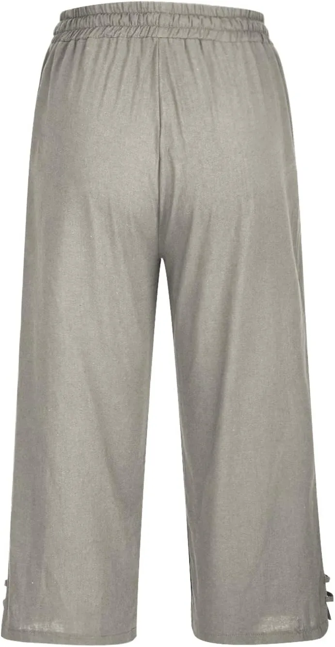 Linen Capri Pants Women Summer 2025 Drawstring High Waist Lounge Pant Wide Leg Beach Resort Wear Cropped Trousers