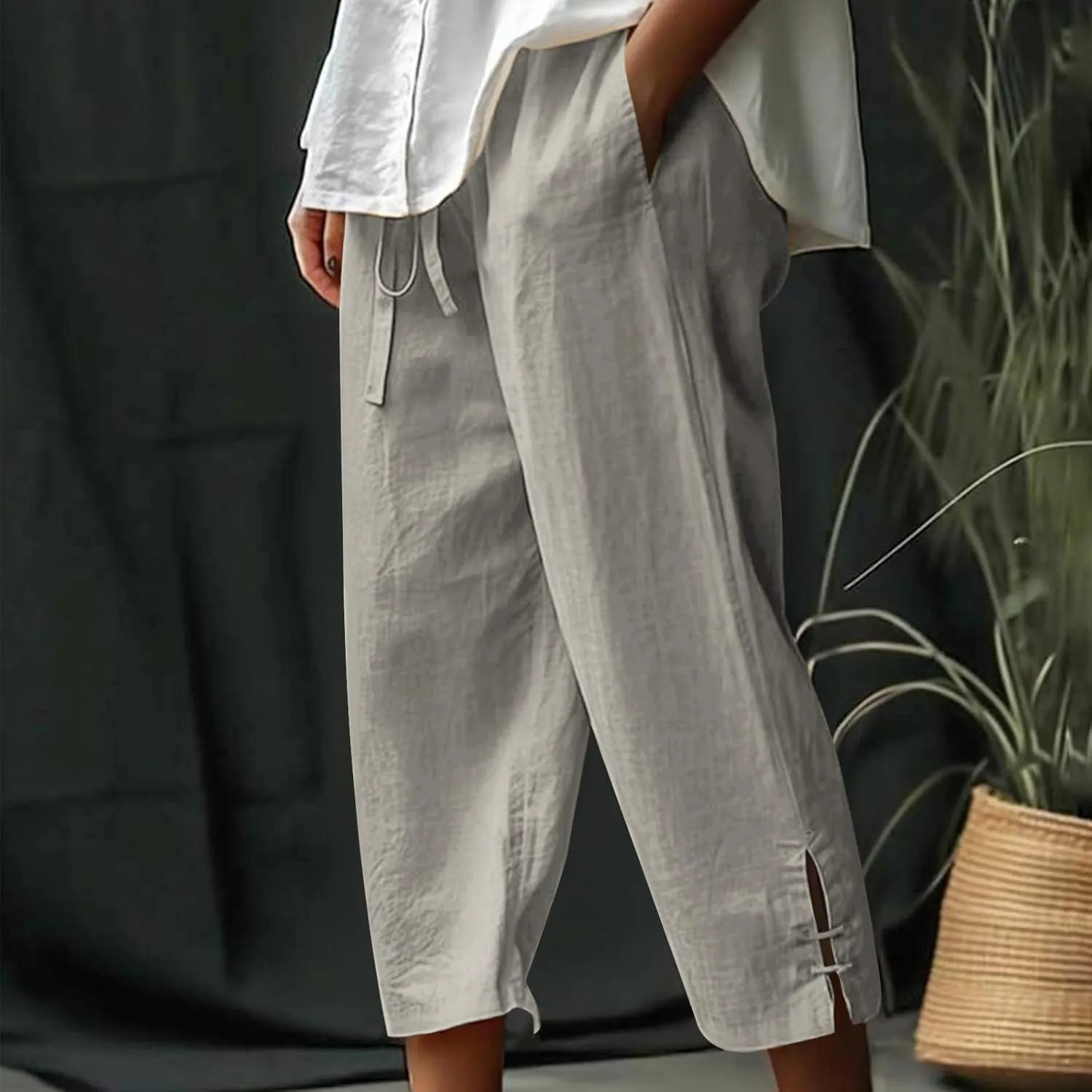 Linen Capri Pants Women Summer 2025 Drawstring High Waist Lounge Pant Wide Leg Beach Resort Wear Cropped Trousers