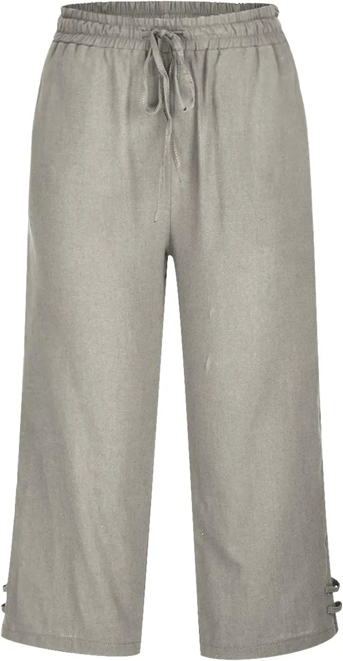 Linen Capri Pants Women Summer 2025 Drawstring High Waist Lounge Pant Wide Leg Beach Resort Wear Cropped Trousers