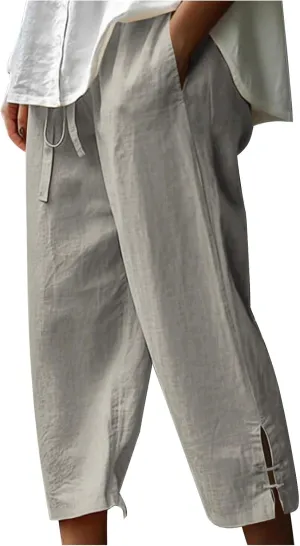 Linen Capri Pants Women Summer 2025 Drawstring High Waist Lounge Pant Wide Leg Beach Resort Wear Cropped Trousers