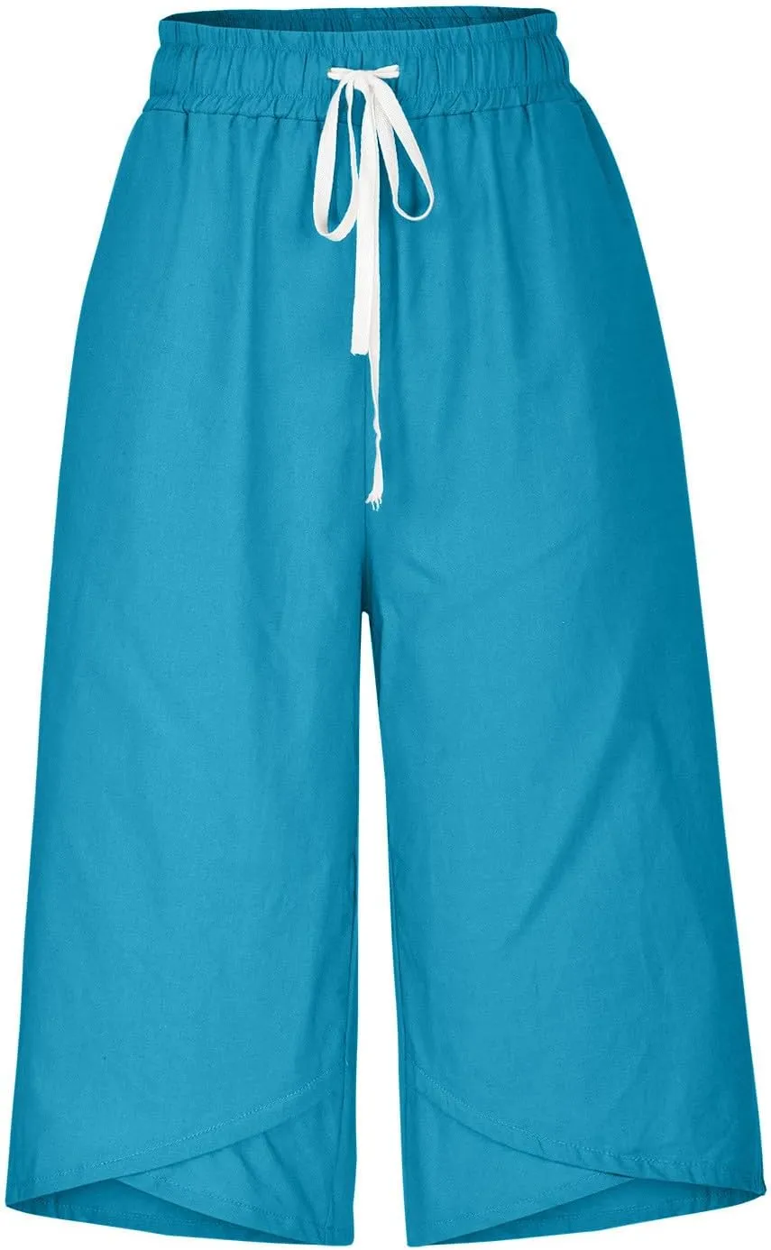 Linen Capris for Women High Waisted Wide Leg Summer Beach Cropped Trousers Elastic Drawstring Outfit with Pockets