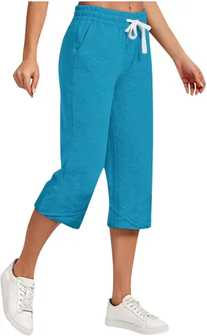 Linen Capris for Women High Waisted Wide Leg Summer Beach Cropped Trousers Elastic Drawstring Outfit with Pockets