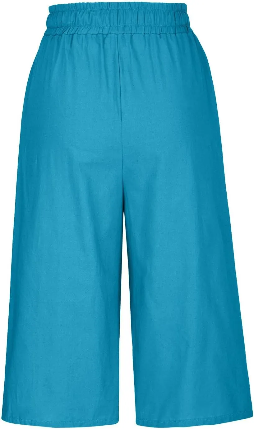 Linen Capris for Women High Waisted Wide Leg Summer Beach Cropped Trousers Elastic Drawstring Outfit with Pockets