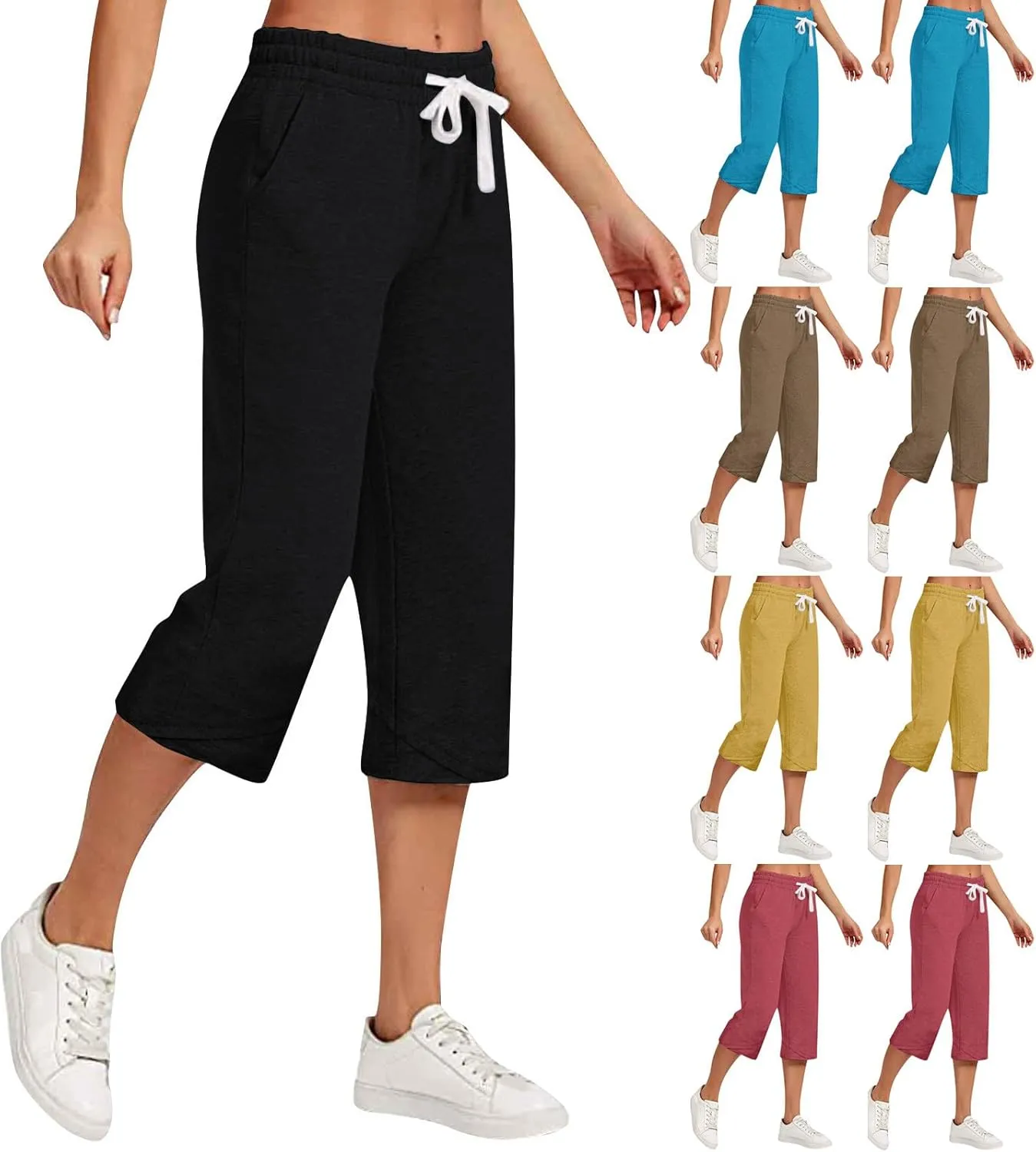 Linen Capris for Women High Waisted Wide Leg Summer Beach Cropped Trousers Elastic Drawstring Outfit with Pockets