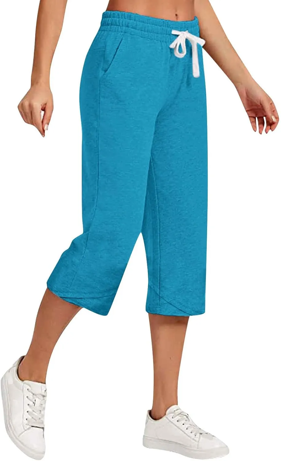Linen Capris for Women High Waisted Wide Leg Summer Beach Cropped Trousers Elastic Drawstring Outfit with Pockets