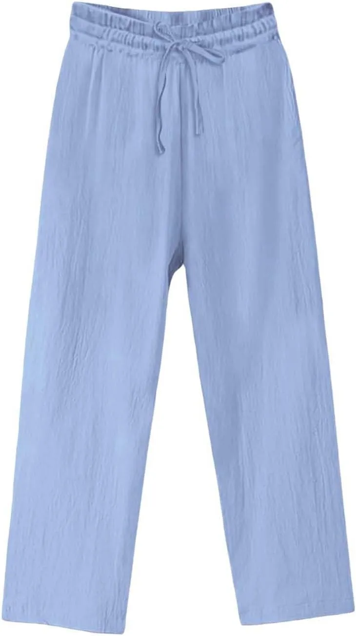 Linen Palazzo Pants for Women Cruise Lounge Wide Leg Pants Plus Size Garden Party Lightweight Resort Pants with Pockets