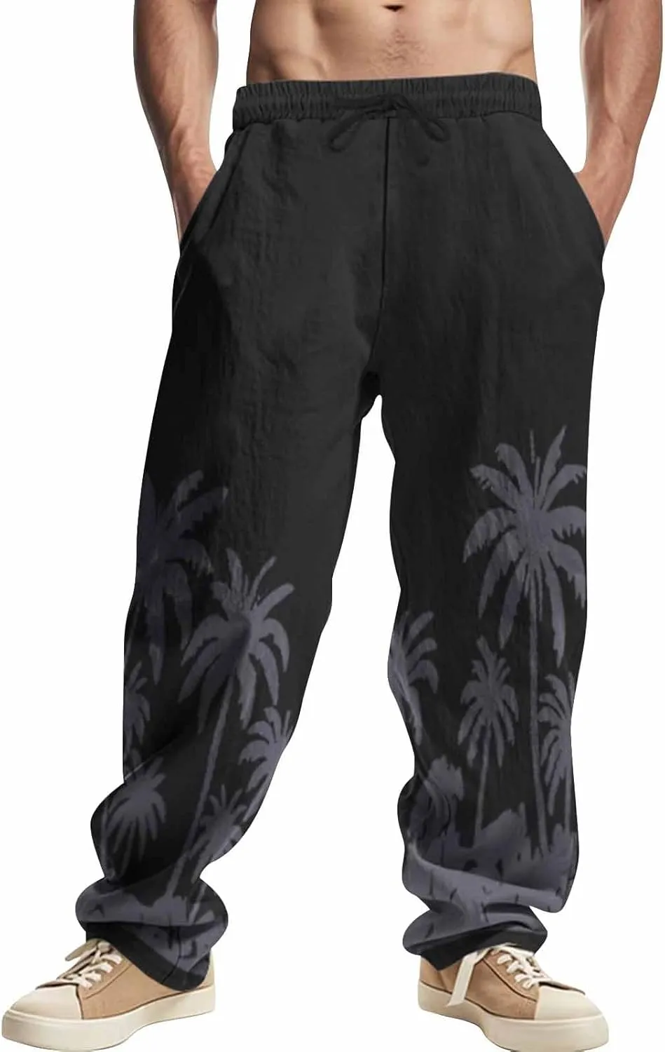 Linen Pants for Men Cotton Elastic Waist Drawstring Lightweight Loose fit Pant Vacation Casual Beach Baggy Trousers