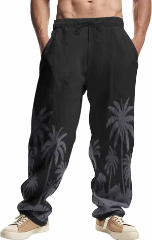 Linen Pants for Men Cotton Elastic Waist Drawstring Lightweight Loose fit Pant Vacation Casual Beach Baggy Trousers