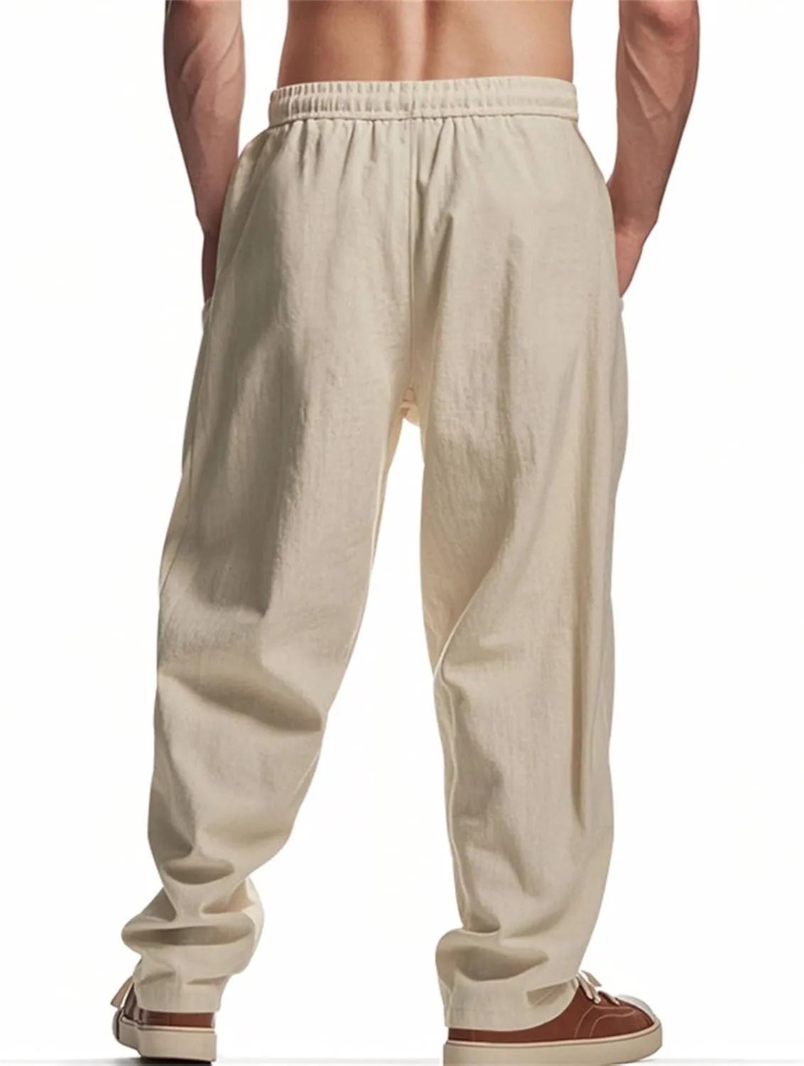 Linen Pants for Men Cotton Elastic Waist Drawstring Lightweight Loose fit Pant Vacation Casual Beach Baggy Trousers