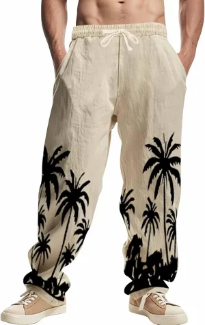 Linen Pants for Men Cotton Elastic Waist Drawstring Lightweight Loose fit Pant Vacation Casual Beach Baggy Trousers