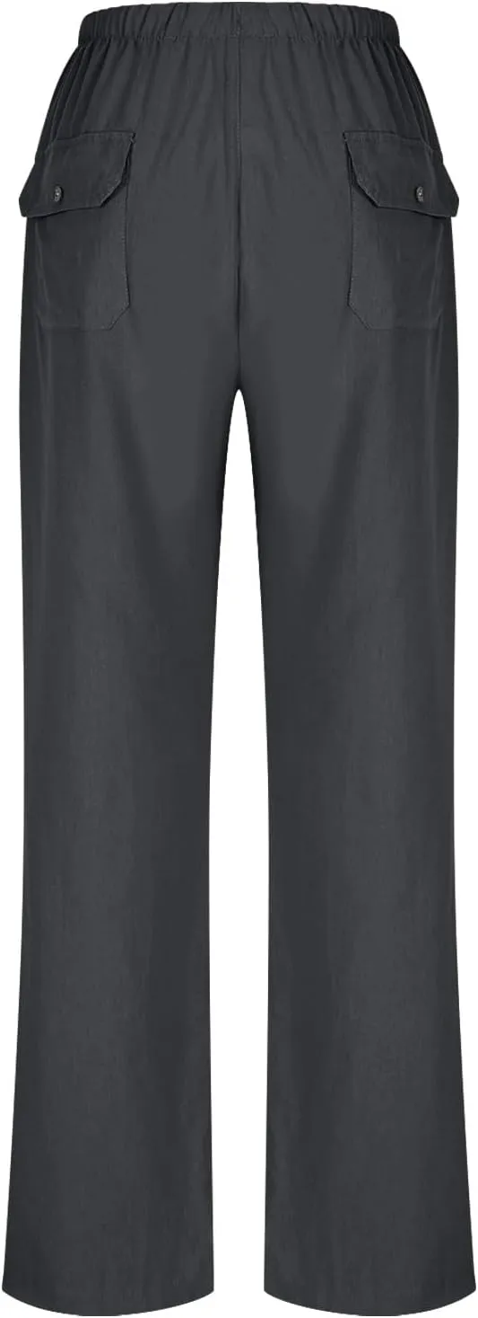 Linen Pants for Women 2025 High Waist Drawstring Wide Leg Trousers Summer Casual Flowy Beach Palazzo with Pockets