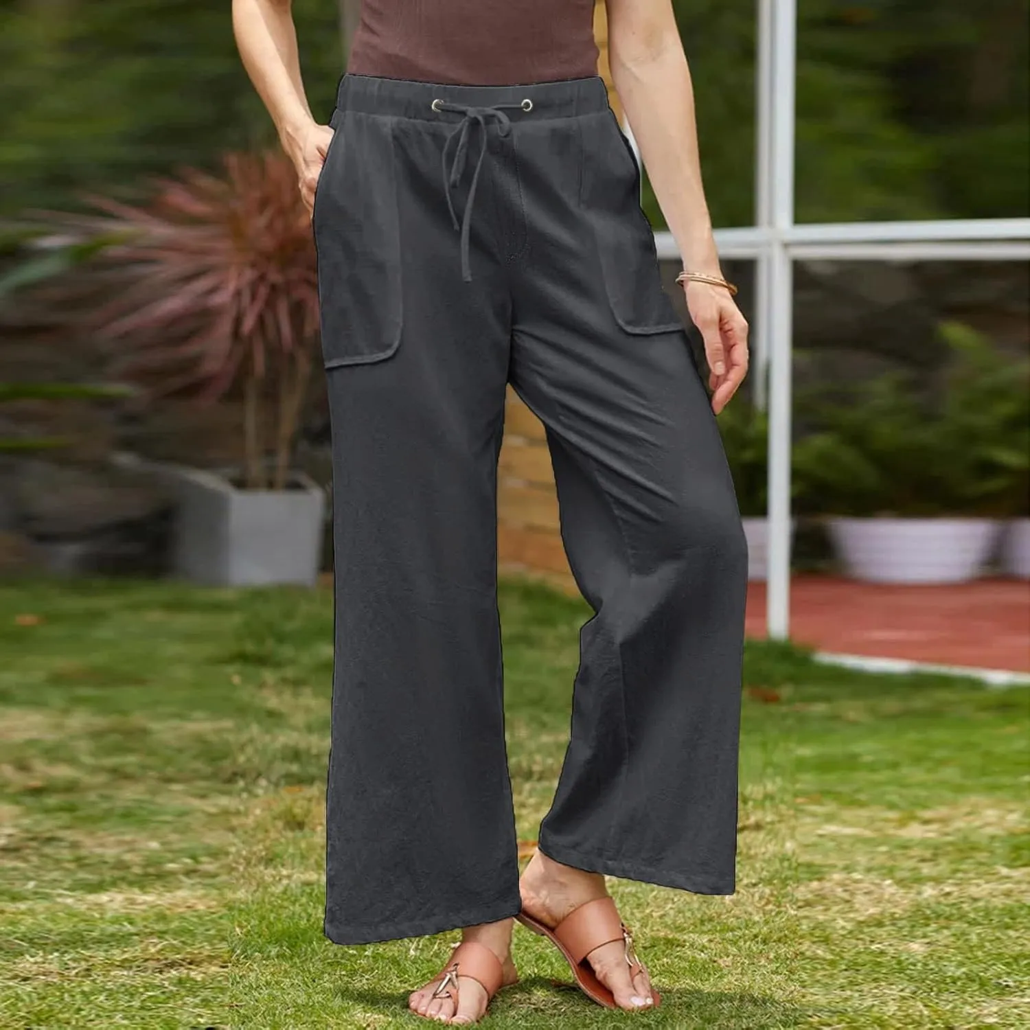 Linen Pants for Women 2025 High Waist Drawstring Wide Leg Trousers Summer Casual Flowy Beach Palazzo with Pockets