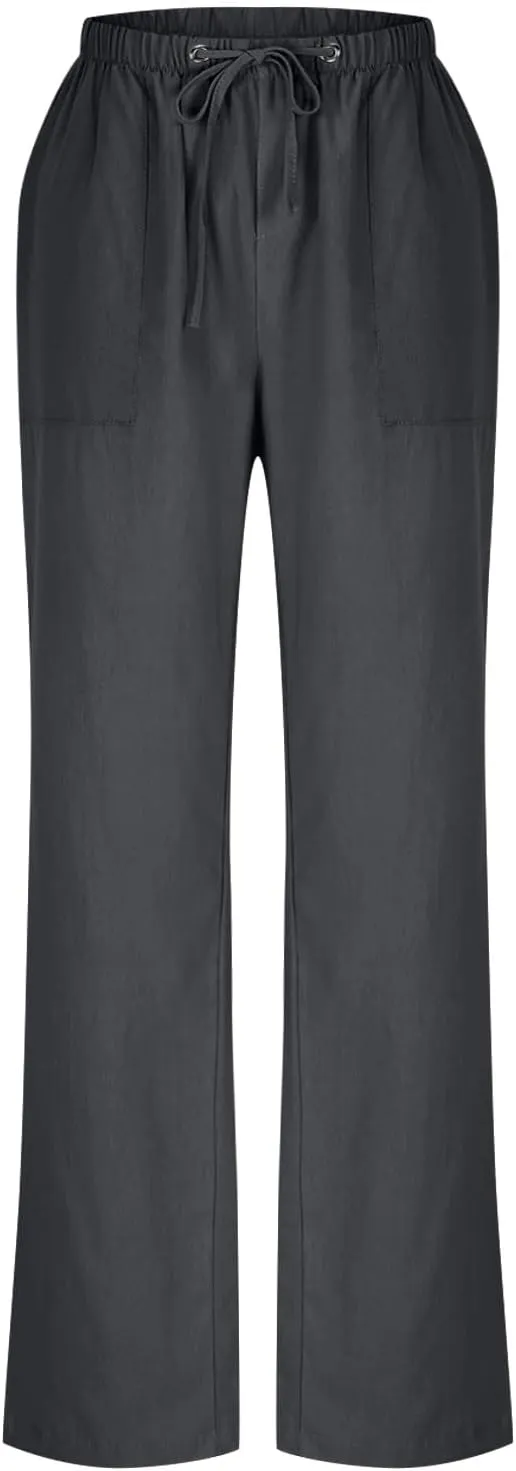 Linen Pants for Women 2025 High Waist Drawstring Wide Leg Trousers Summer Casual Flowy Beach Palazzo with Pockets