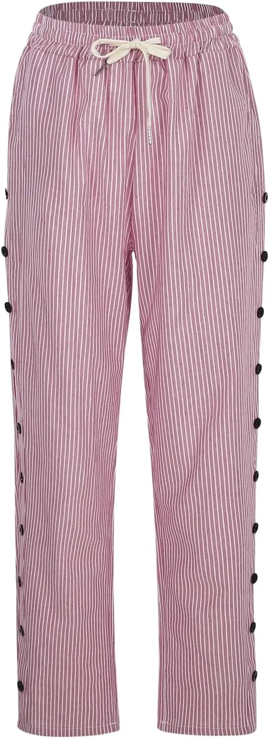Linen Pants for Women 2025 Striped Drawstring Button Down Straight Wide Leg Trousers Casual Loose Baggy Ankle Pants
