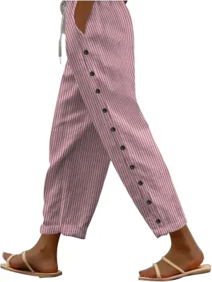 Linen Pants for Women 2025 Striped Drawstring Button Down Straight Wide Leg Trousers Casual Loose Baggy Ankle Pants